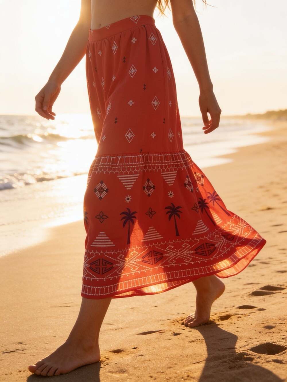 Sofia by Sofia Vergara Red Embroidered Tropical Palm Print Maxi Skirt Small